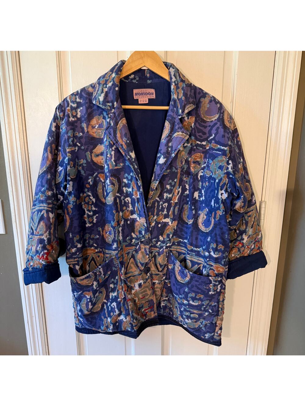 Vintage Y2K Monsoon Quilted Barn Jacket Size 6 Blue Watercolor Print Chore Coat